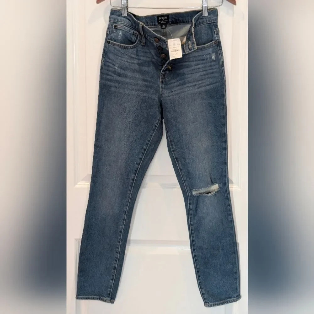 NWT J.Crew High-Rise Skinny Ankle Jeans 25 Button Fly Ripped Dark Wash Indie - Picture 2 of 11